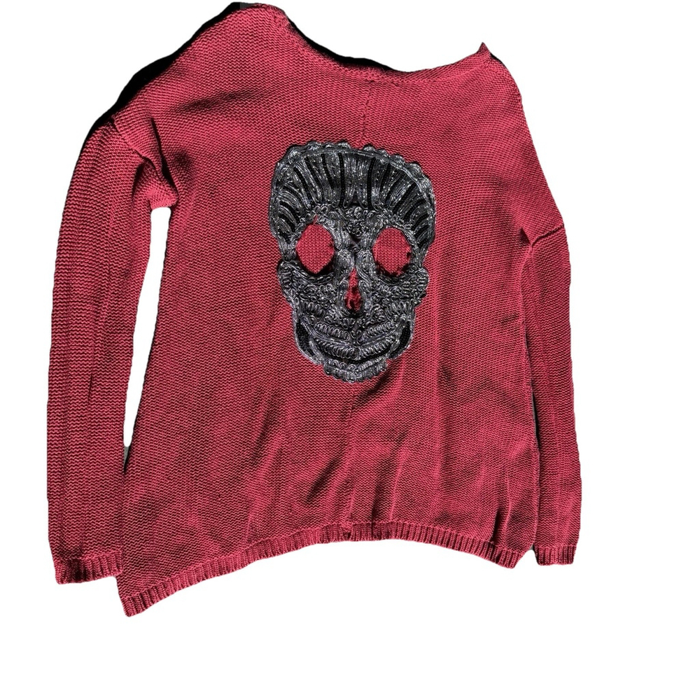 Red Knit Oversized Sweater with Skull Motif A5 Unknown Size Fits Like S - Picture 2 of 4